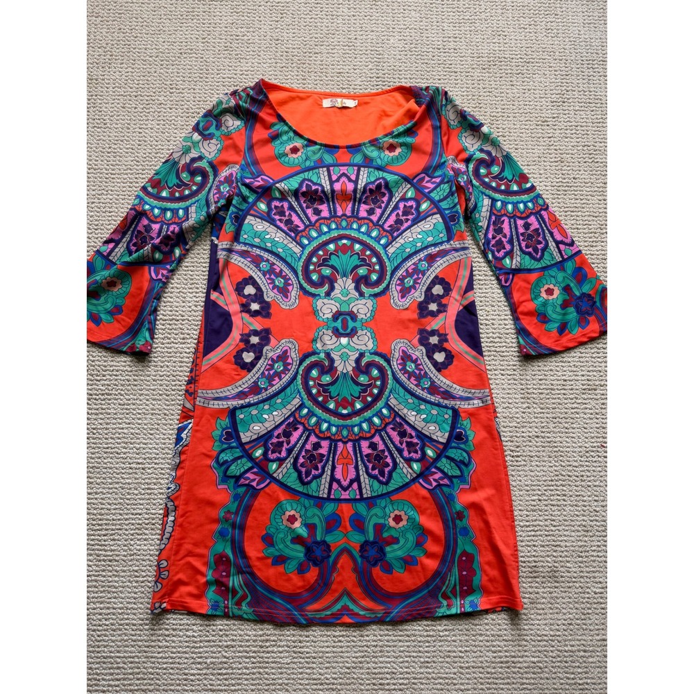 Aryeh Womens Orange Paisley Geometric Print 3/4 Bell Sleeve Shift Dress Size M